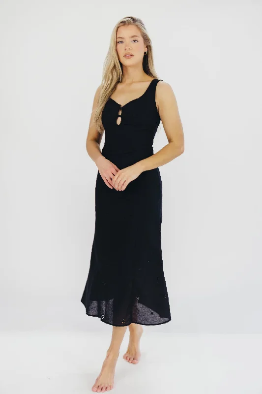 Nia Eyelet Midi Dress in Black