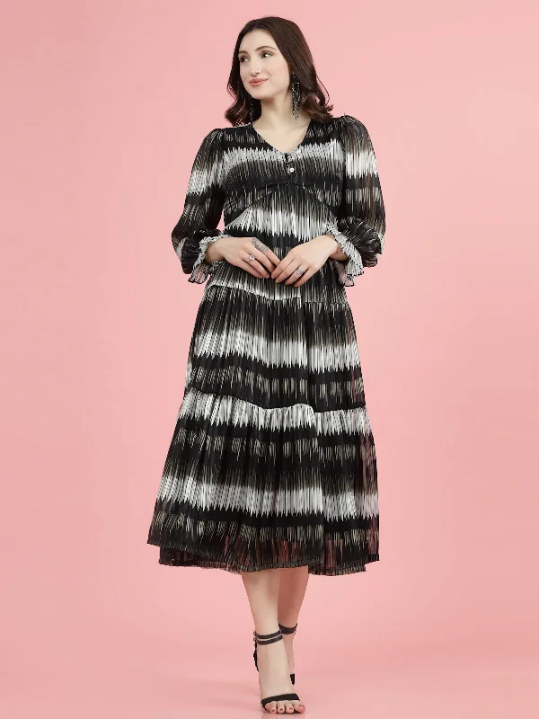 Tie and Dye Print Bell Sleeve Fit & Flare Midi Dress