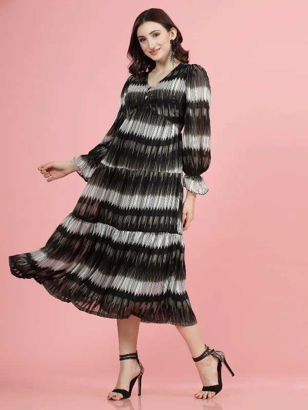 Tie and Dye Print Bell Sleeve Fit & Flare Midi Dress