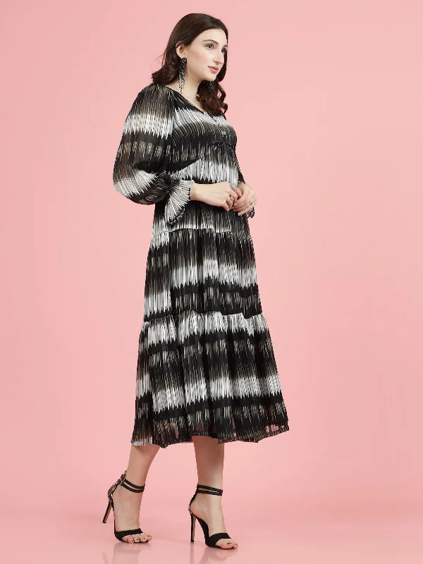 Tie and Dye Print Bell Sleeve Fit & Flare Midi Dress