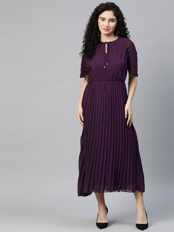 Tie-Up Neck A-Line Midi Dress