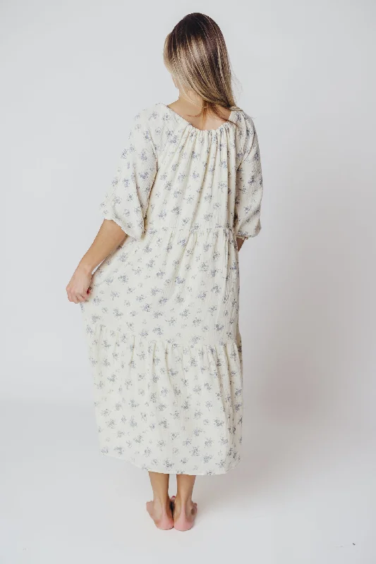 Jenna Tiered Gauze Midi Dress in Ivory Floral - Bump Friendly - Inclusive Sizing (S-3X)