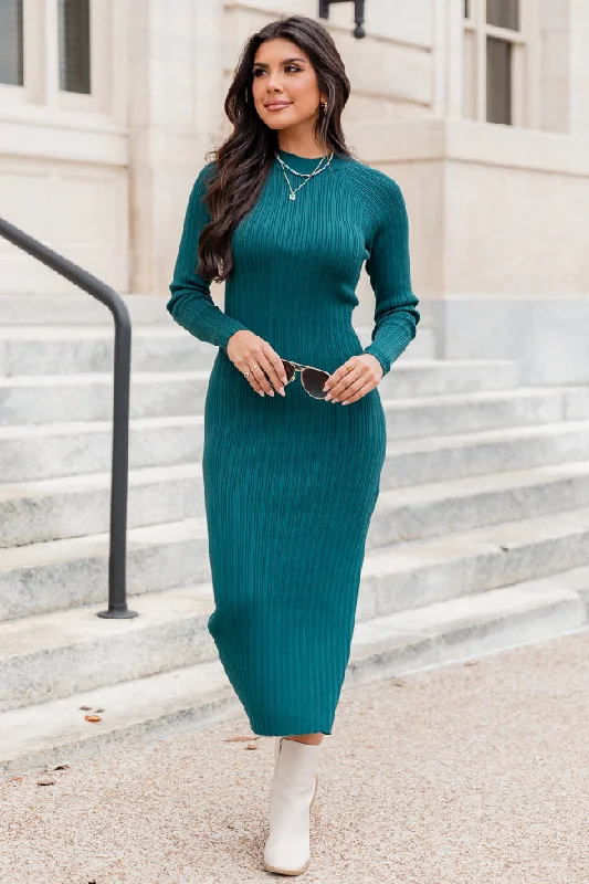 Timeless Beauty Teal Long Sleeve Midi Dress