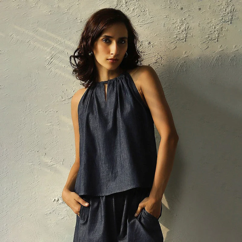 Cotton Denim Tank Top | Tie-Up | Blue