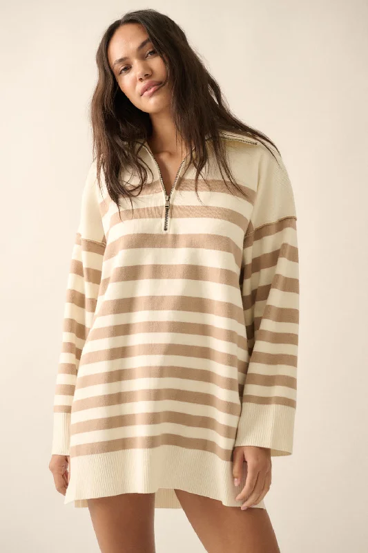 Posey Knit Collared Half-Zip Mini Sweater Dress in Cream/Sand