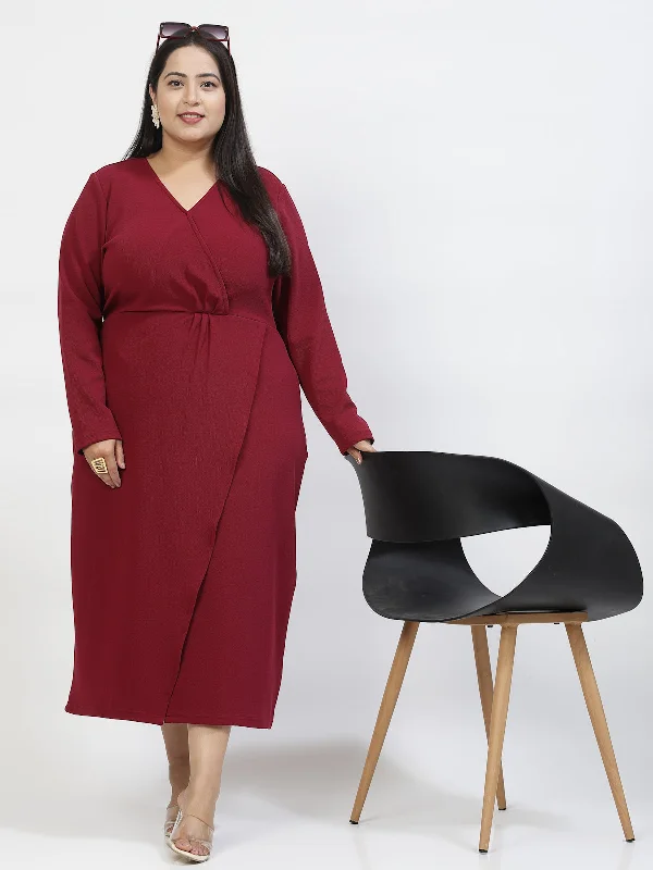 V Neck Plus Size Wrap Midi Dress