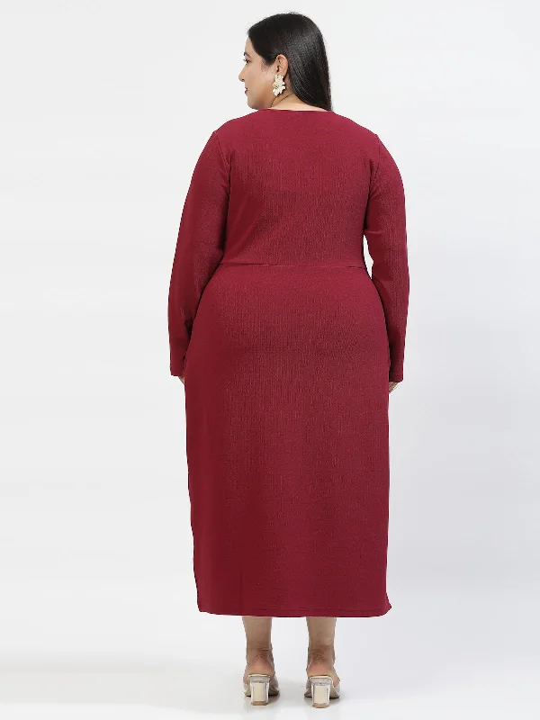 V Neck Plus Size Wrap Midi Dress