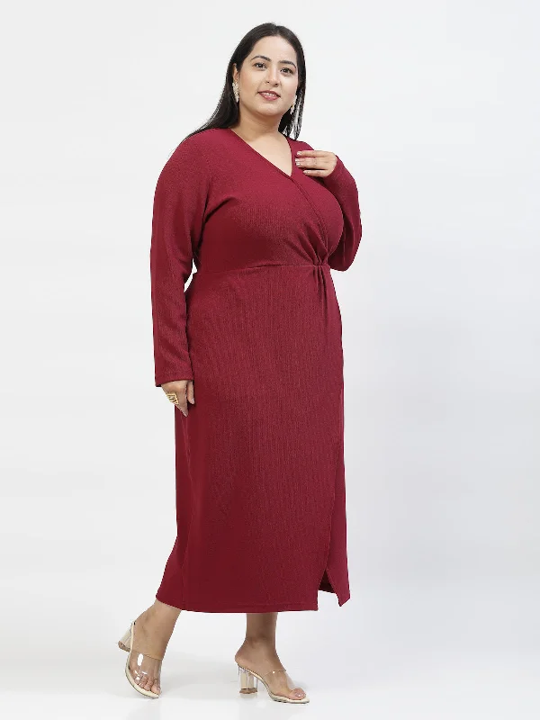 V Neck Plus Size Wrap Midi Dress