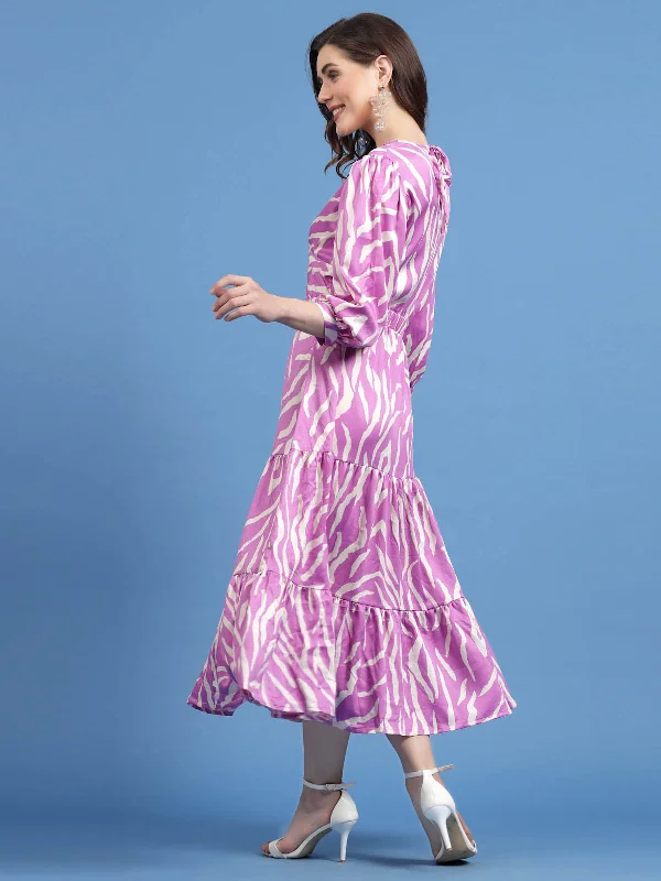 Violet Abstract Printed Cut Outs Tiered A-Line Midi Dress