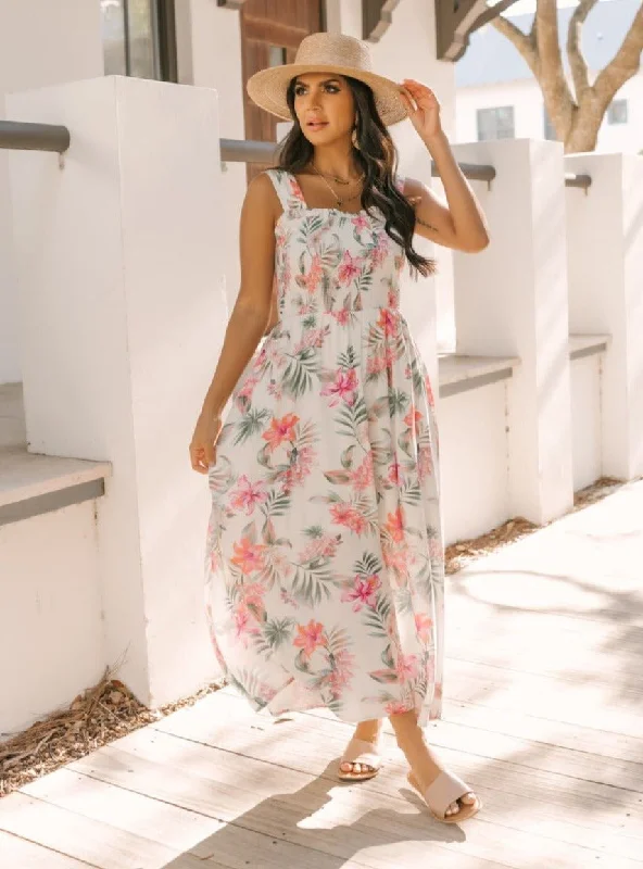 White Floral Print Smocked Maxi Dress - FINAL SALE