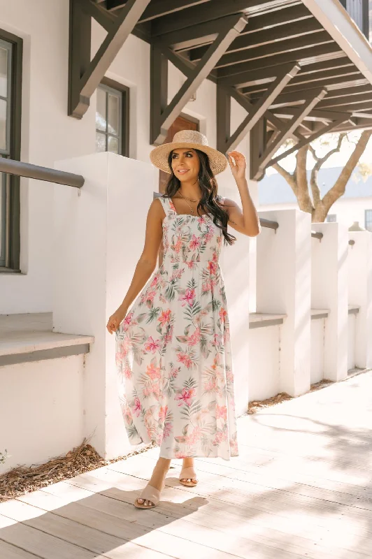 White Floral Print Smocked Maxi Dress - FINAL SALE