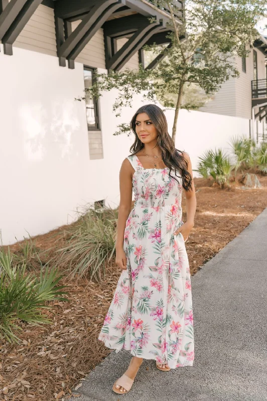 White Floral Print Smocked Maxi Dress - FINAL SALE