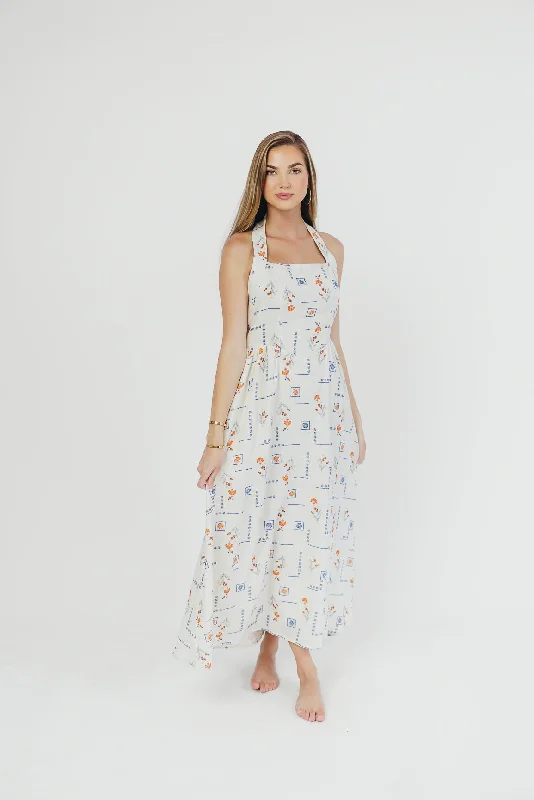 Athens Halter Midi Dress in White/Blue/Orange