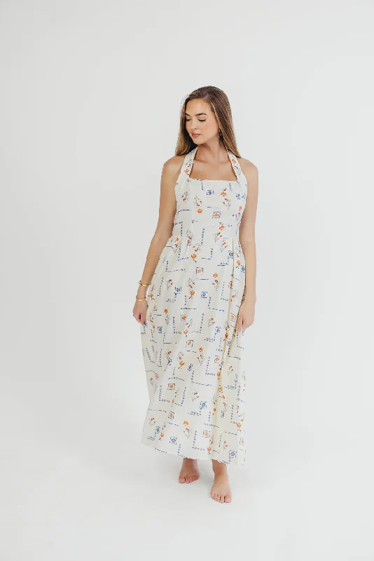 Athens Halter Midi Dress in White/Blue/Orange