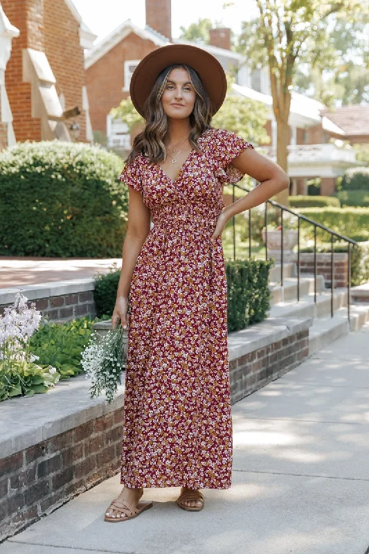 Wine Floral Print Smocked Maxi Dress