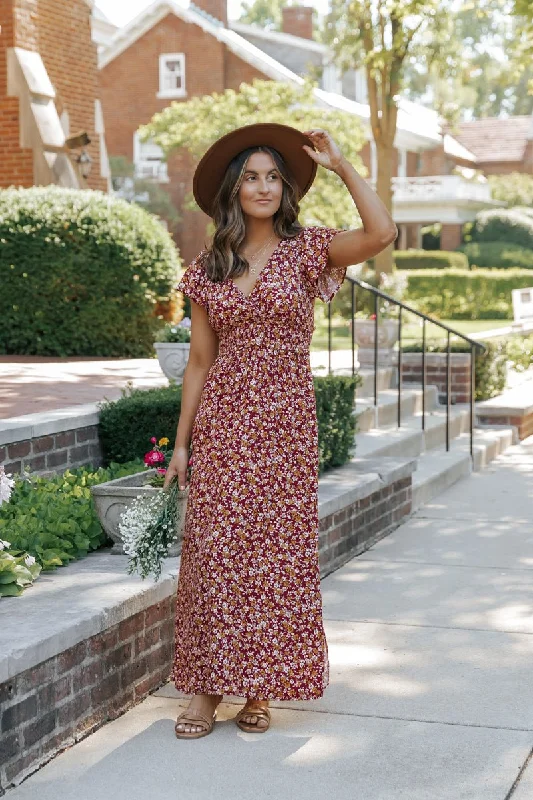 Wine Floral Print Smocked Maxi Dress