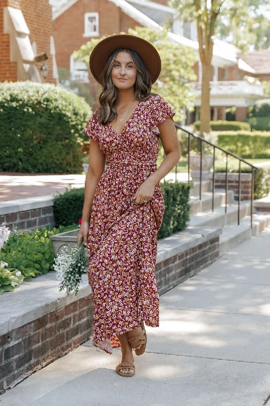 Wine Floral Print Smocked Maxi Dress