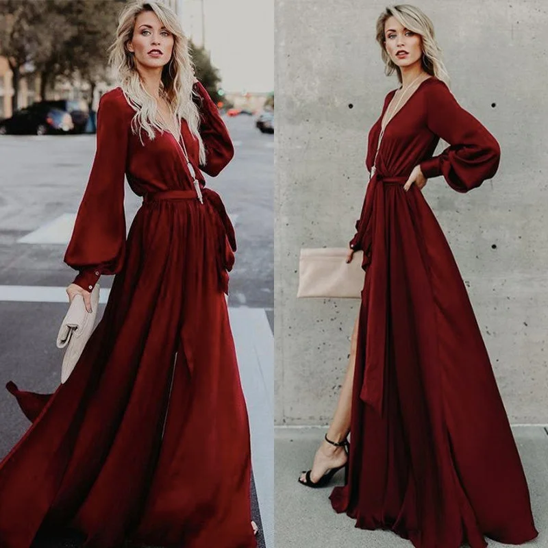 KittenAlarm - Women Casual Long Sleeve V Neck Slit hem Maxi Dress Belted Solid Color Ladies Elegant Long Dress