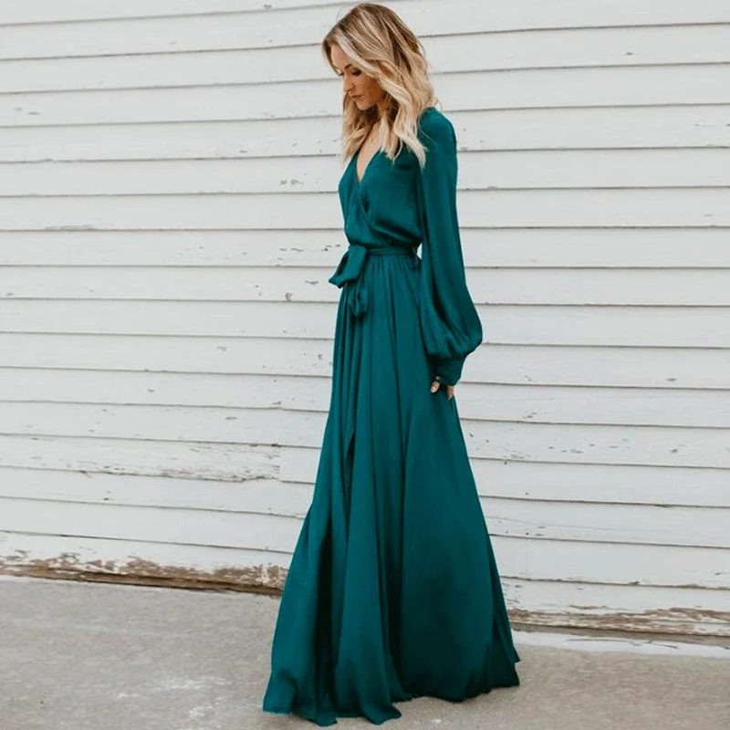 KittenAlarm - Women Casual Long Sleeve V Neck Slit hem Maxi Dress Belted Solid Color Ladies Elegant Long Dress