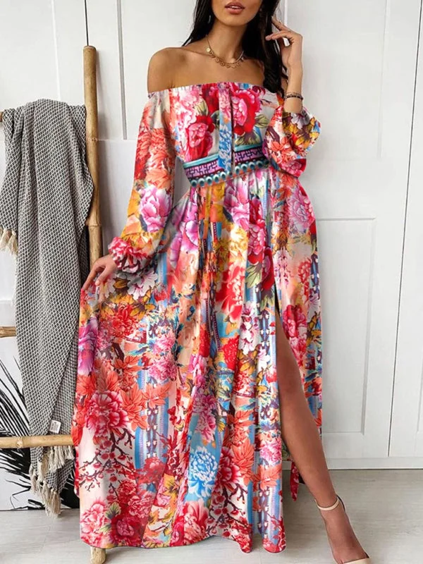 Women's Floral Print The Shoulder Long Sleeve Maxi Dress