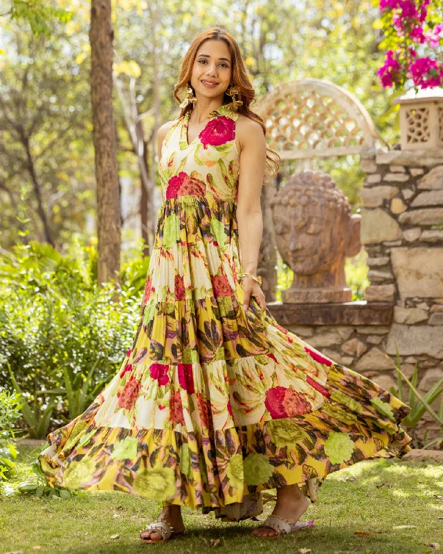 Yellow Aquarelle Floret Tiered Dress