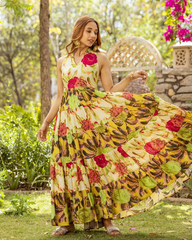 Yellow Aquarelle Floret Tiered Dress