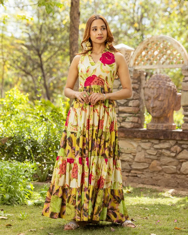 Yellow Aquarelle Floret Tiered Dress