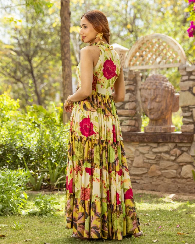 Yellow Aquarelle Floret Tiered Dress