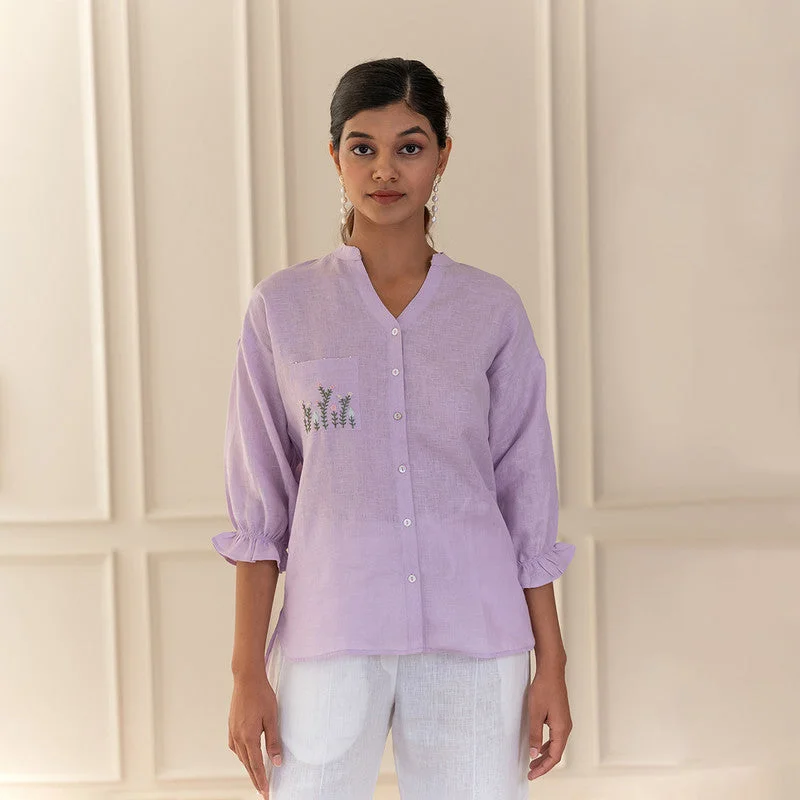 Linen Shirt For Women | Hand Embroidery | High-Low Hem | Lilac