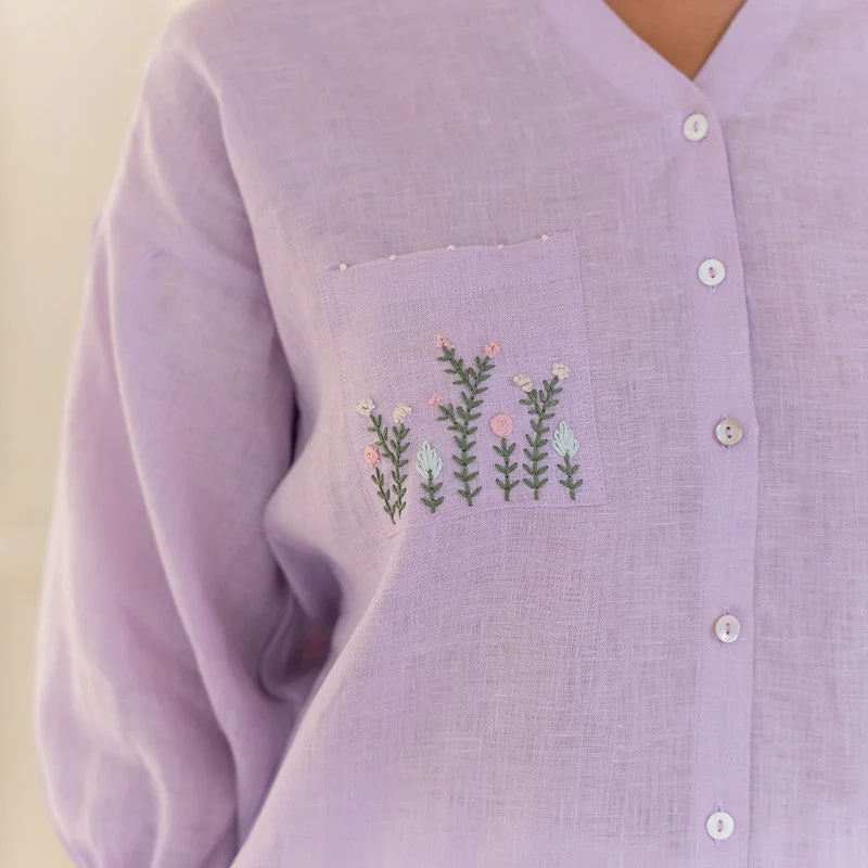 Linen Shirt For Women | Hand Embroidery | High-Low Hem | Lilac