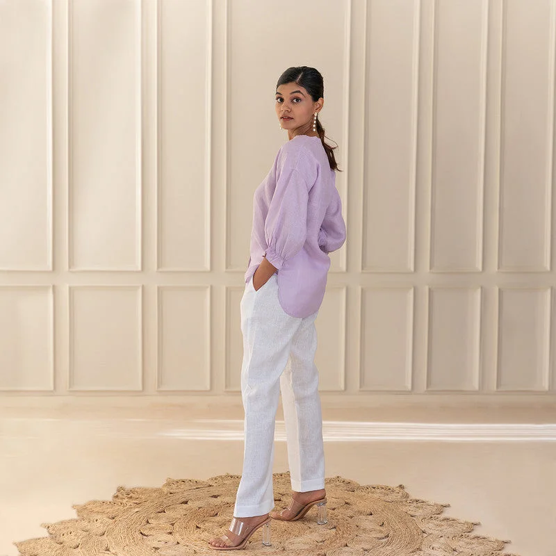 Linen Shirt For Women | Hand Embroidery | High-Low Hem | Lilac