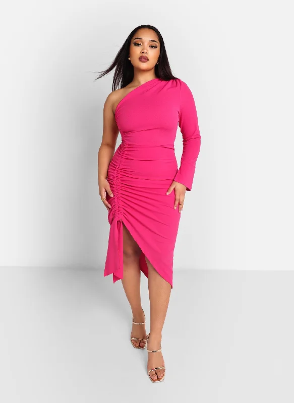 Azalea One Shoulder Asymmetrical Midi Bodycon Dress - Magenta