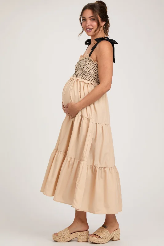 Beige Sleeveless Tiered Colorblock Strap Maternity Maxi Dress