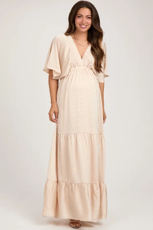 Beige V-Neck Flutter Sleeve Tiered Maternity Maxi Dress