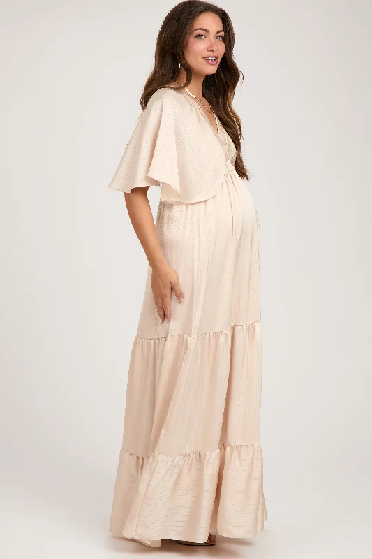 Beige V-Neck Flutter Sleeve Tiered Maternity Maxi Dress