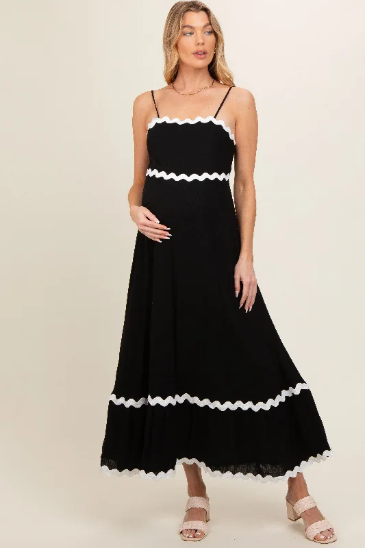 Black Colorblock Trim Maternity Midi Dress