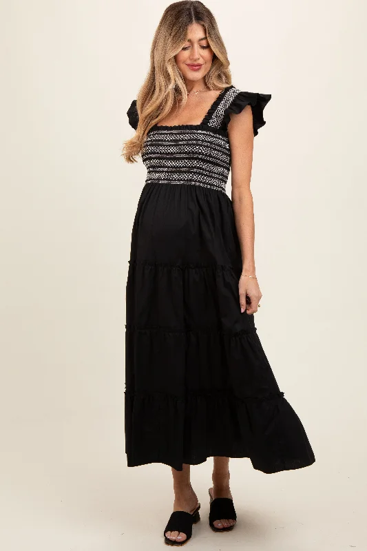 Black Embroidered Smocked Maternity Midi Dress