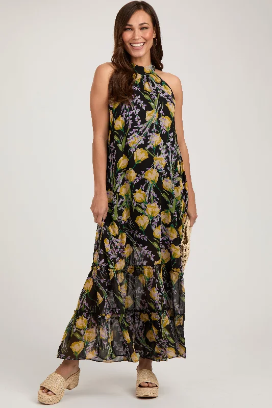 Black Floral Halter Maternity Maxi Dress