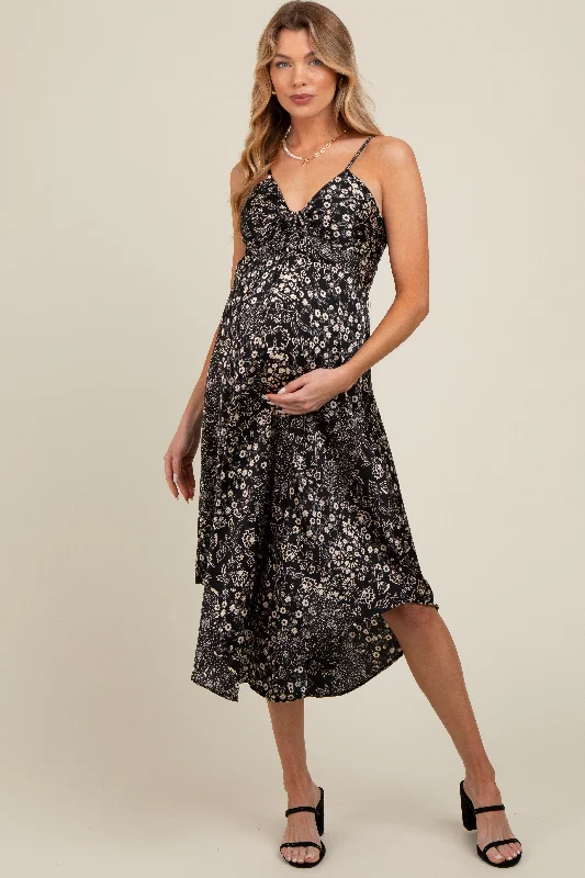 Black Floral Satin Front Tie Sleeveless Maternity Midi Dress