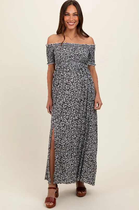 Black Floral Smocked Fitted Sleeve Side Slit Maternity Maxi Dress