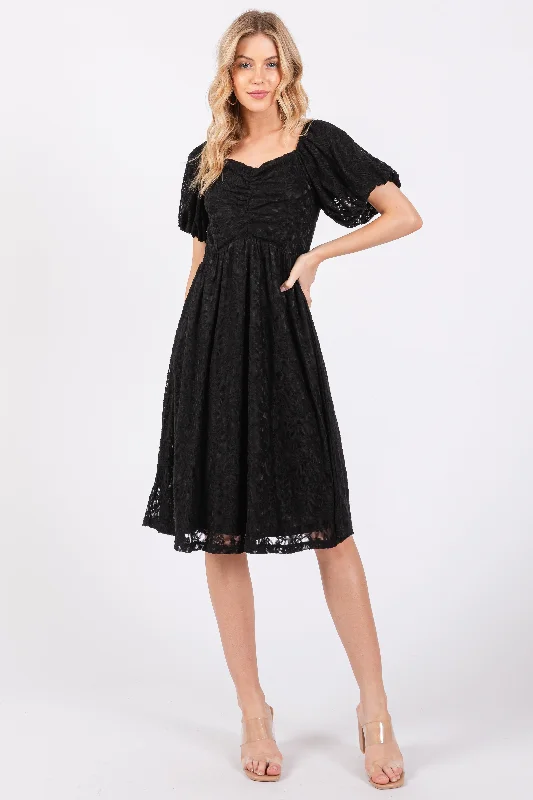 Black Lace Puff Sleeve Maternity Dress