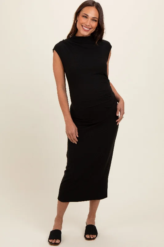 Black Ribbed Maternity Ruched Midi Dress