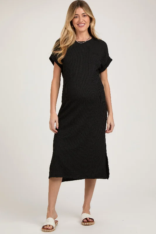 Black Ribbed Short Sleeve Maternity Midi Dress