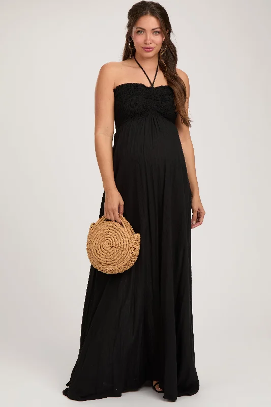 Black Smocked Halter Maternity Maxi Dress