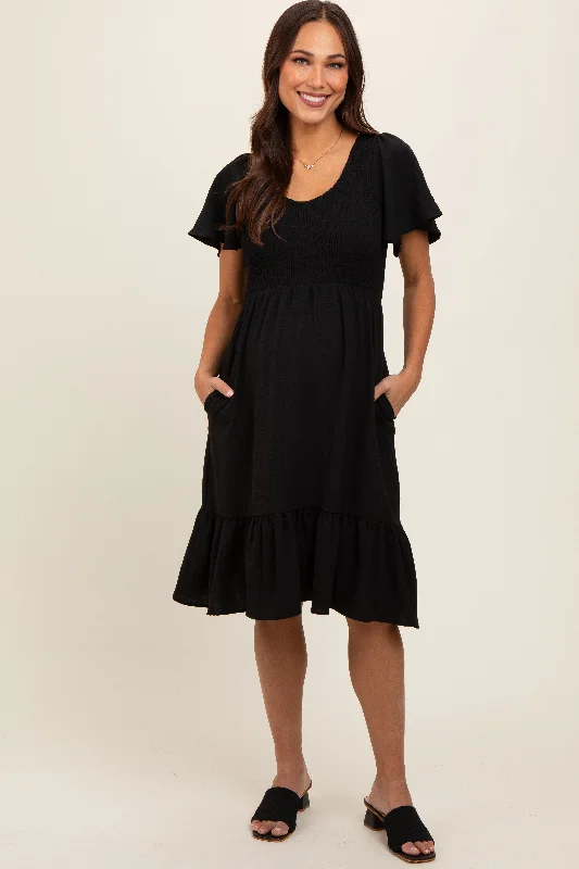 Black Smocked Ruffle Hem Maternity Dress