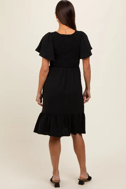 Black Smocked Ruffle Hem Maternity Dress