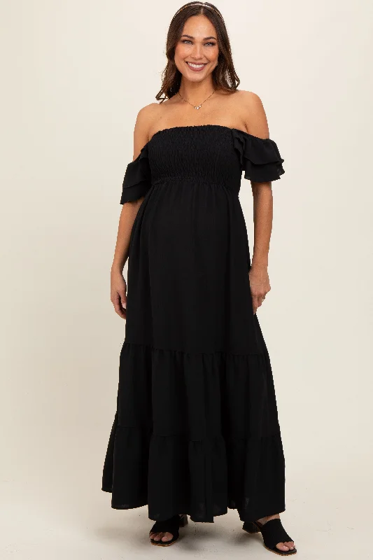 Black Smocked Ruffle Off Shoulder Tiered Maternity Maxi Dress