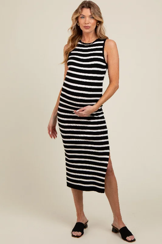 Black White Striped Knit Sleeveless Side Slit Maternity Midi Dress