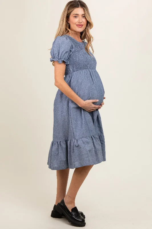 Blue Chambray Smocked Puff Sleeve Maternity Dress