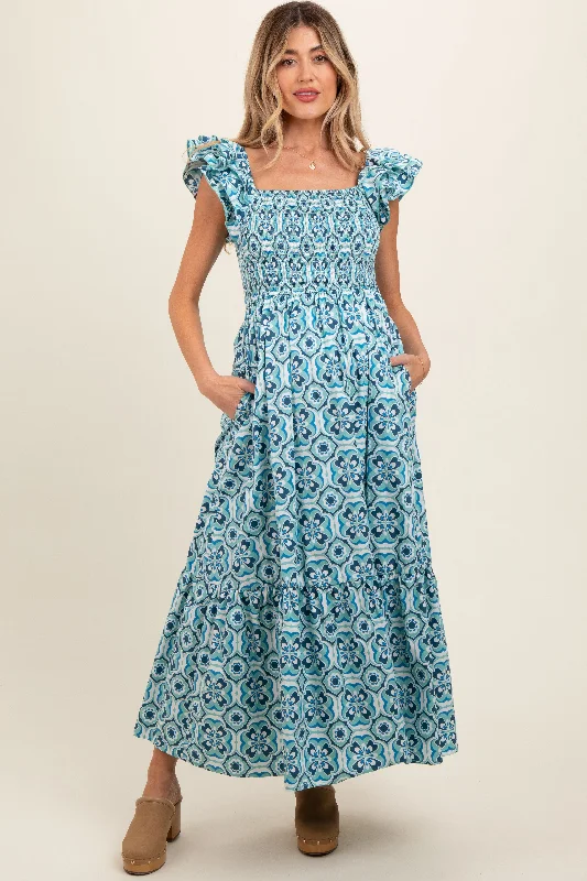 Blue Floral Smocked Flutter Cap Sleeve Maternity Maxi Dress